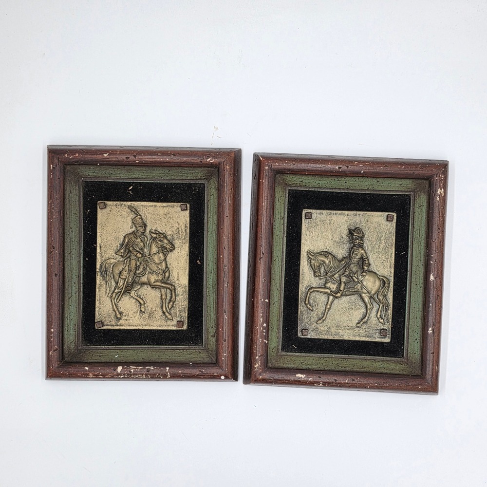Vintage B&S Creations Brass Relief Cavalry Horseback Soldier Wall Art Pair 4686